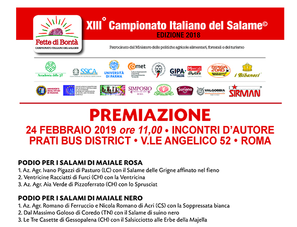 Domenica 24 febbraio a Roma premiazione del Campionato Italiano del Salame
